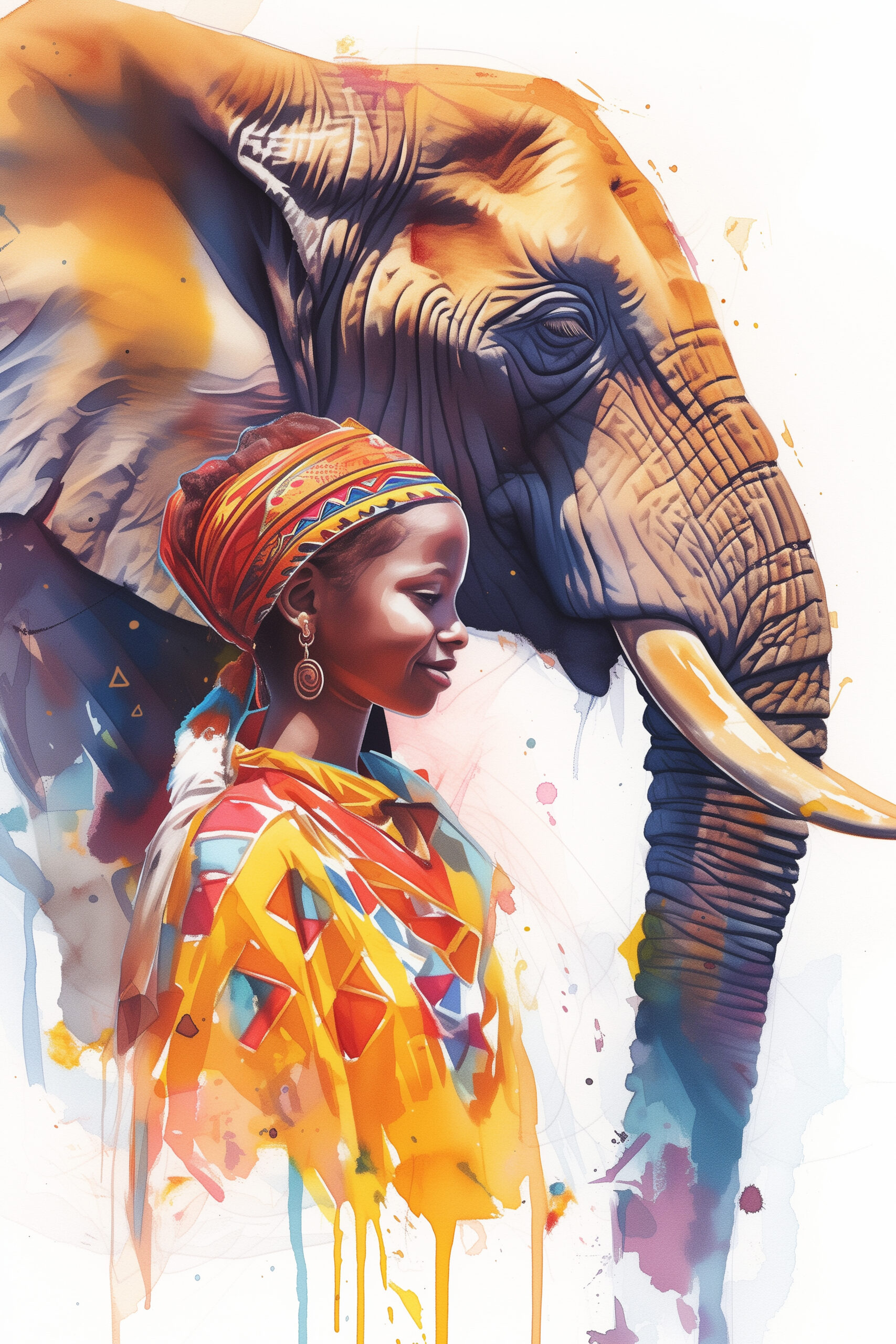 watercolor painting of an african elephant with a native african girl, High resolution, 4K --ar 2:3 --niji 6 Job ID: 873d5207-451d-4f6b-b67d-ba3deda7f845